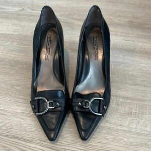 Black Kitten Heel Shoes with Silver Hardware